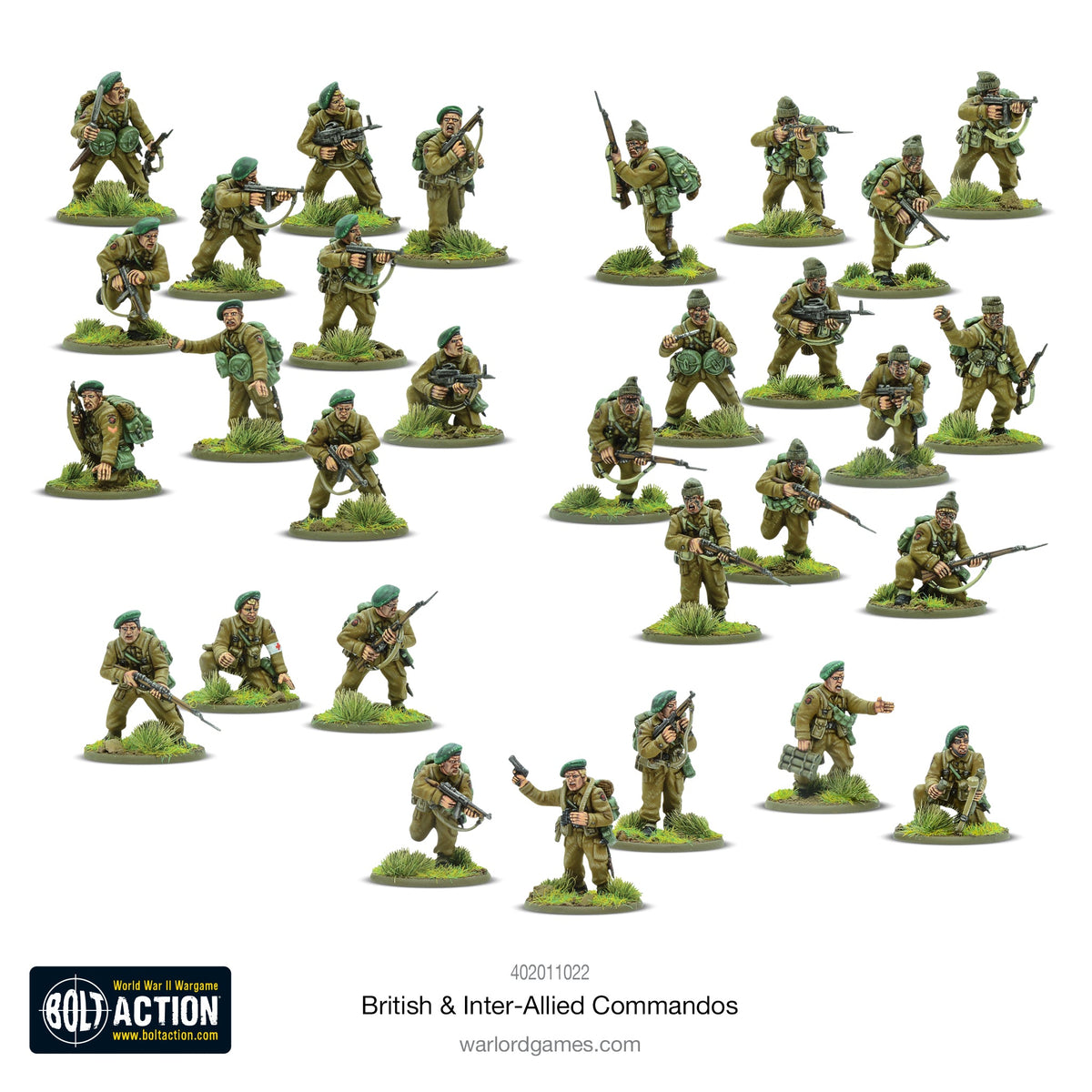 British and Inter-Allied Commandos miniatures by Warlord Games, detailed WWII soldier figures in military uniforms.