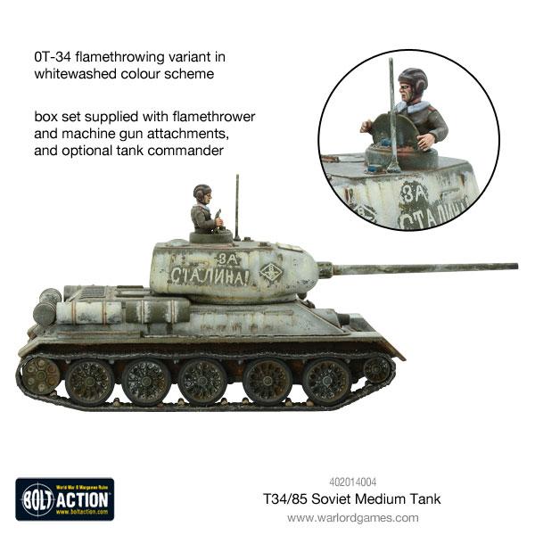 Miniature T34/85 Soviet Medium Tank by Warlord Games, detailed model with turret, gun barrel, and realistic tank features.
