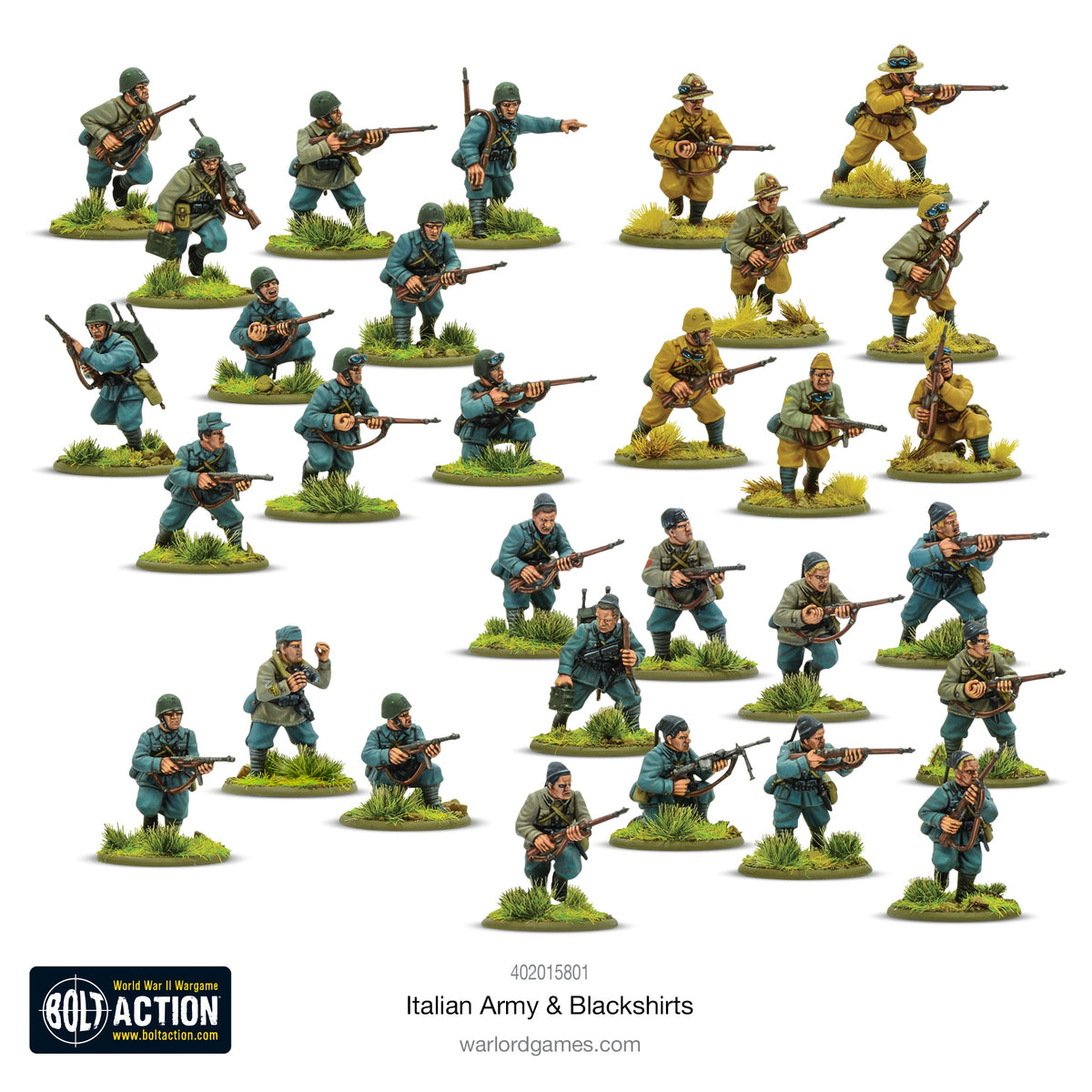 Miniature Italian Army & Blackshirts figures for Bolt Action by Warlord Games, detailed models in military uniforms.