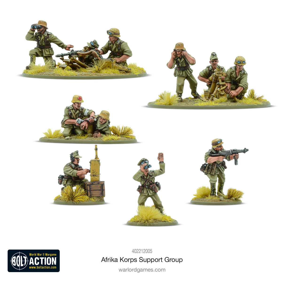 Warlord Games Afrika Korps Support Group miniatures including HQ, mortar, and machine gun team for WWII tabletop gaming.