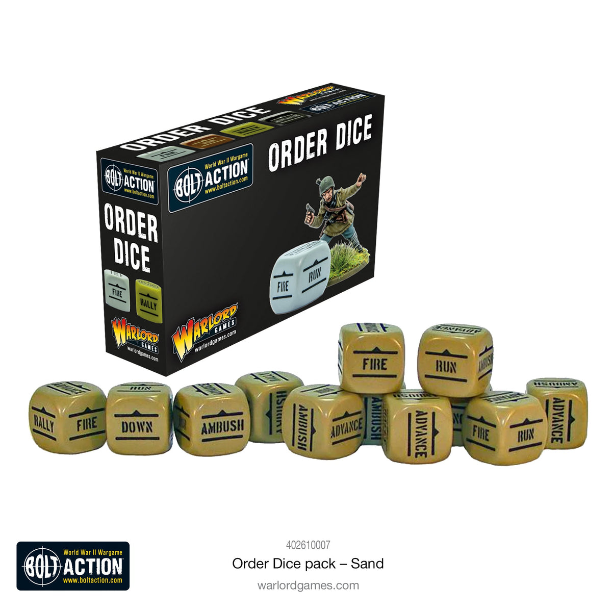 Warlord Games Bolt Action Orders Dice pack in sand color, featuring multiple dice for tabletop wargame gameplay.