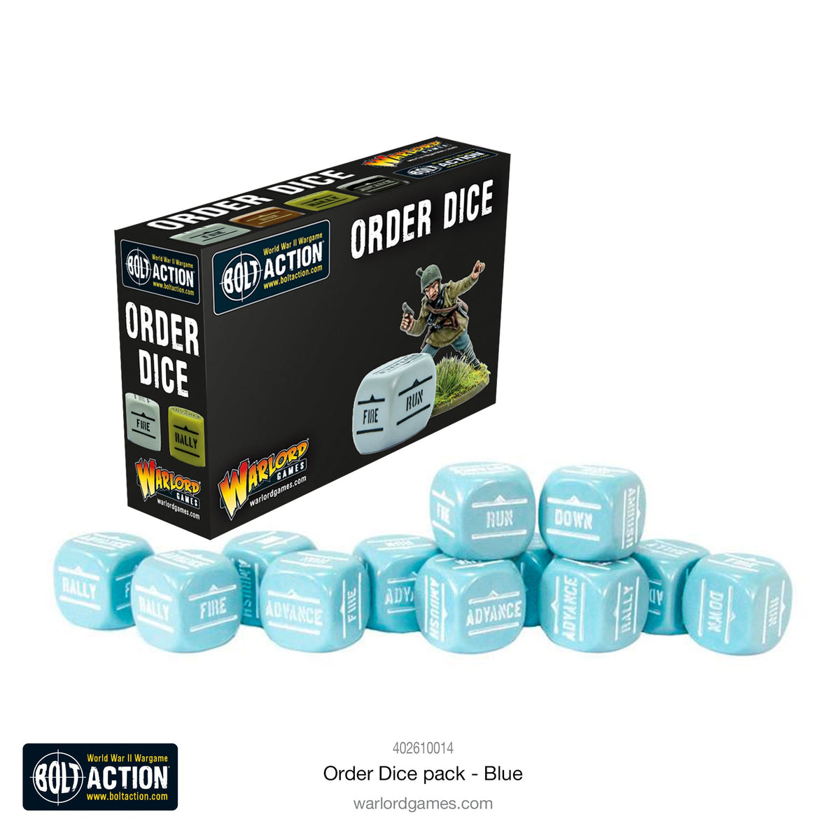 Blue Bolt Action Orders Dice pack from Warlord Games featuring multiple blue plastic dice for tabletop wargaming.