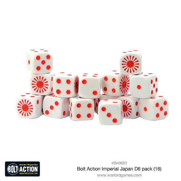 Set of 16 Imperial Japanese D6 dice from Warlord Games, featuring traditional Japanese-themed designs on each numbered face.