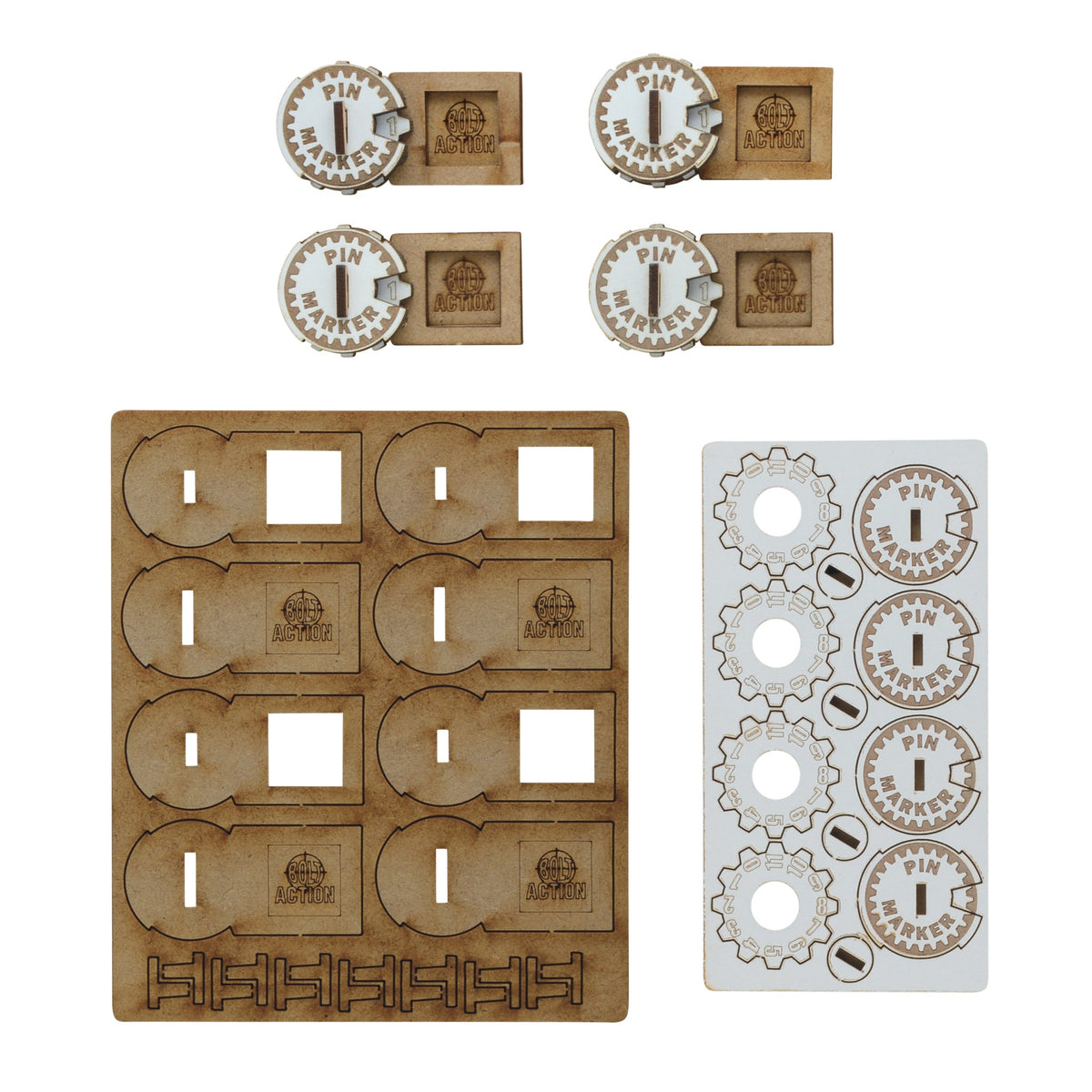 Warlord Games Bolt Action Unit Pin Markers made of MDF, showing detailed miniature markers for tabletop wargaming units.