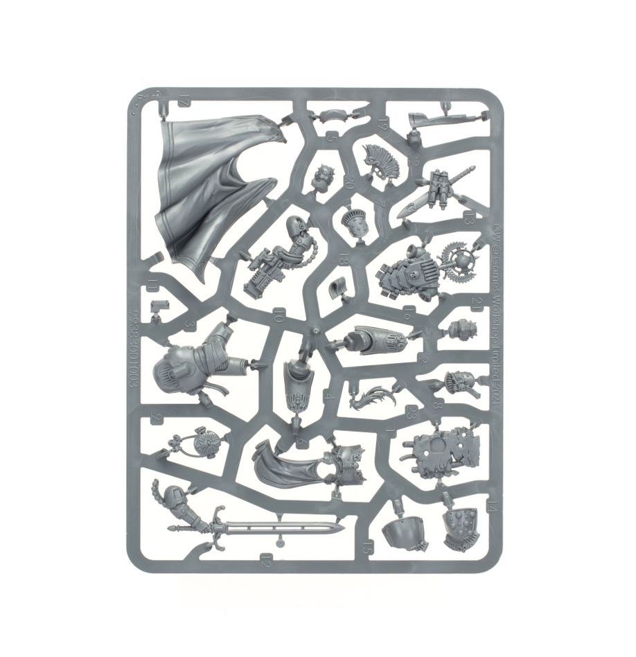 Miniature of a Legiones Astartes Praetor with power sword from Games Workshop, detailed model on sprue.