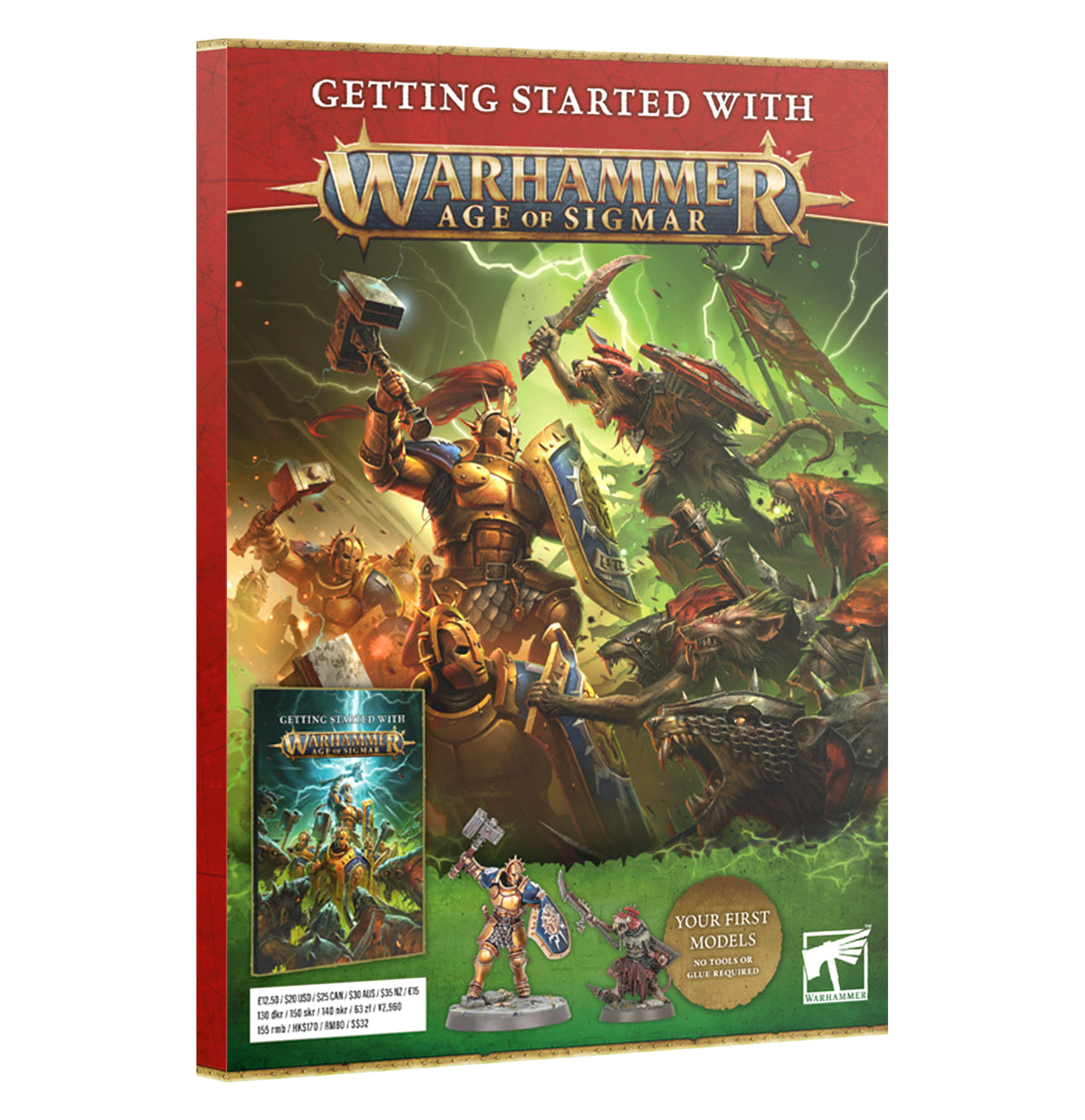 Getting Started with Warhammer Age of Sigmar introductory guide by Games Workshop, featuring colorful pages and model illustrations.