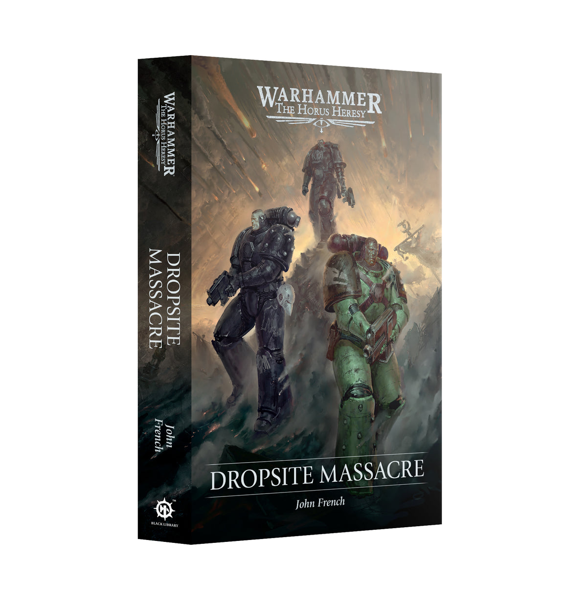 Paperback of Dropsite Massacre by Black Library, featuring cover art with sci-fi imagery related to Warhammer universe.