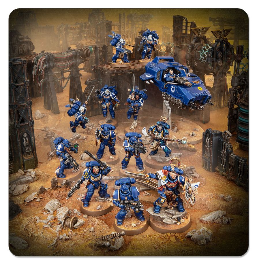 Warhammer 40,000 Space Marines starter set by Games Workshop, featuring miniatures and rulebook for beginner tabletop gaming.