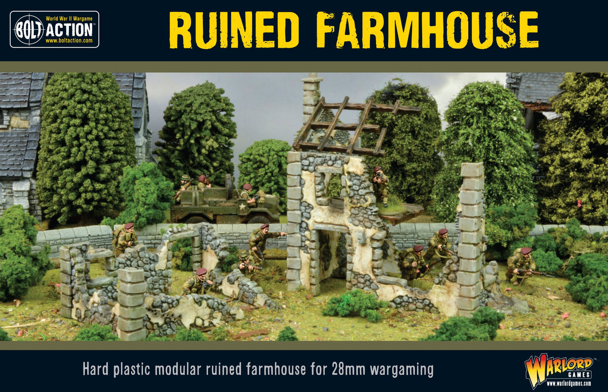 Warlord Games Ruined Farmhouse terrain piece, detailed model of a weathered, crumbling farmhouse for tabletop gaming scenery.