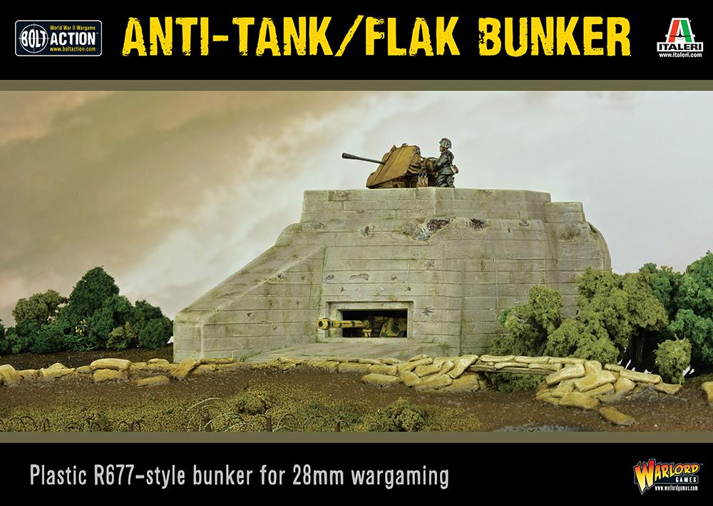 Warlord Games Flak Bunker terrain model showing front view with detailed concrete structure for tabletop wargaming.
