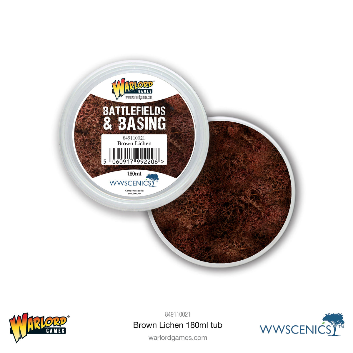 Warlord Games brown lichen basing material in a 180ml tub, ideal for model terrain and miniature bases.