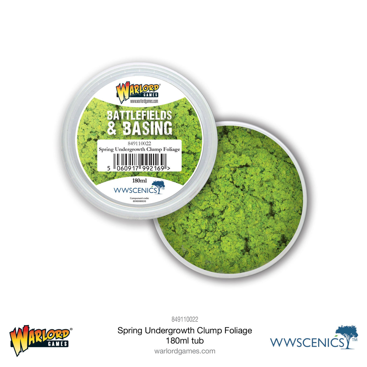 Warlord Games spring undergrowth clump foliage for battlefield basing, showing green foliage in a 180ml tub.