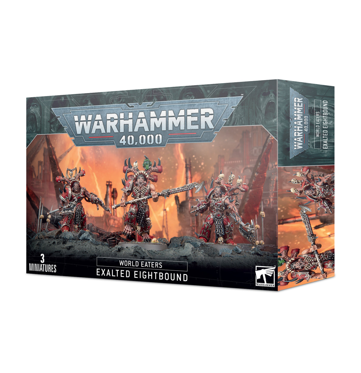 Close-up of Games Workshop World Eaters Exalted Eightbound miniatures, showcasing detailed chaos space marine figures.