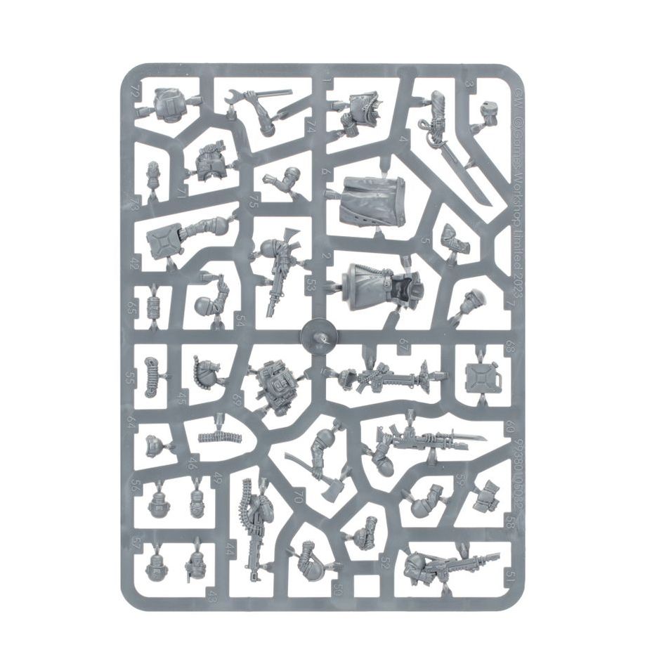 A close-up of Astra Militarum Cadian upgrade parts for Warhammer 40K by Games Workshop, showing detailed miniature accessories.