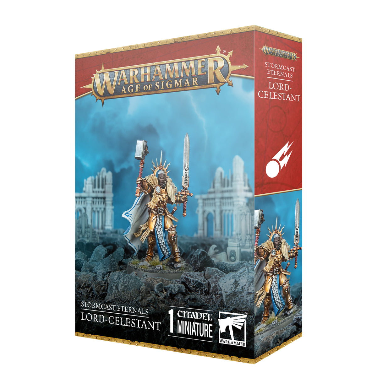 Miniature of Stormcast Eternals Lord-Celestant from Games Workshop, detailed figure with armor and weapon, ready for tabletop gaming.