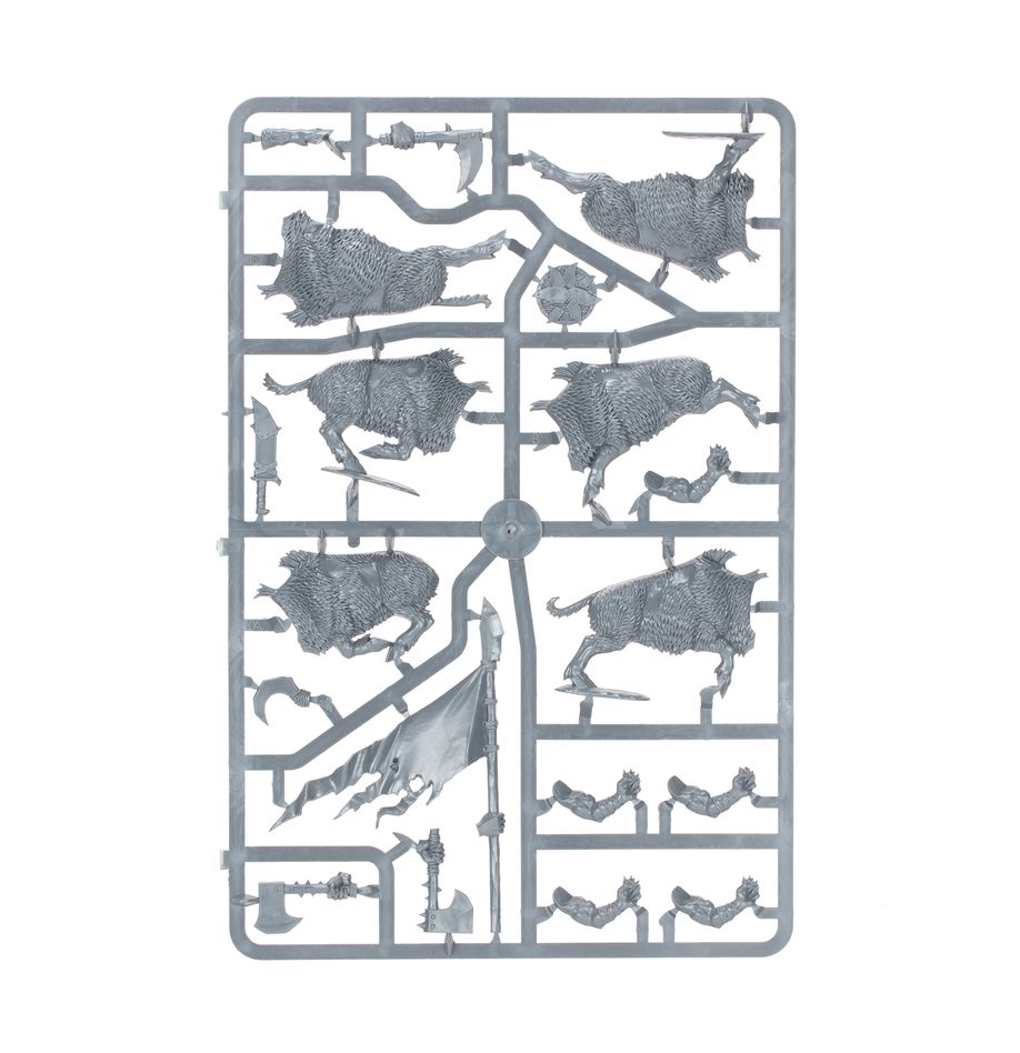 Unassembled Orc and Goblin Tribes: Orc Boar Boyz Mob plastic frame, 3 of 3 shown.