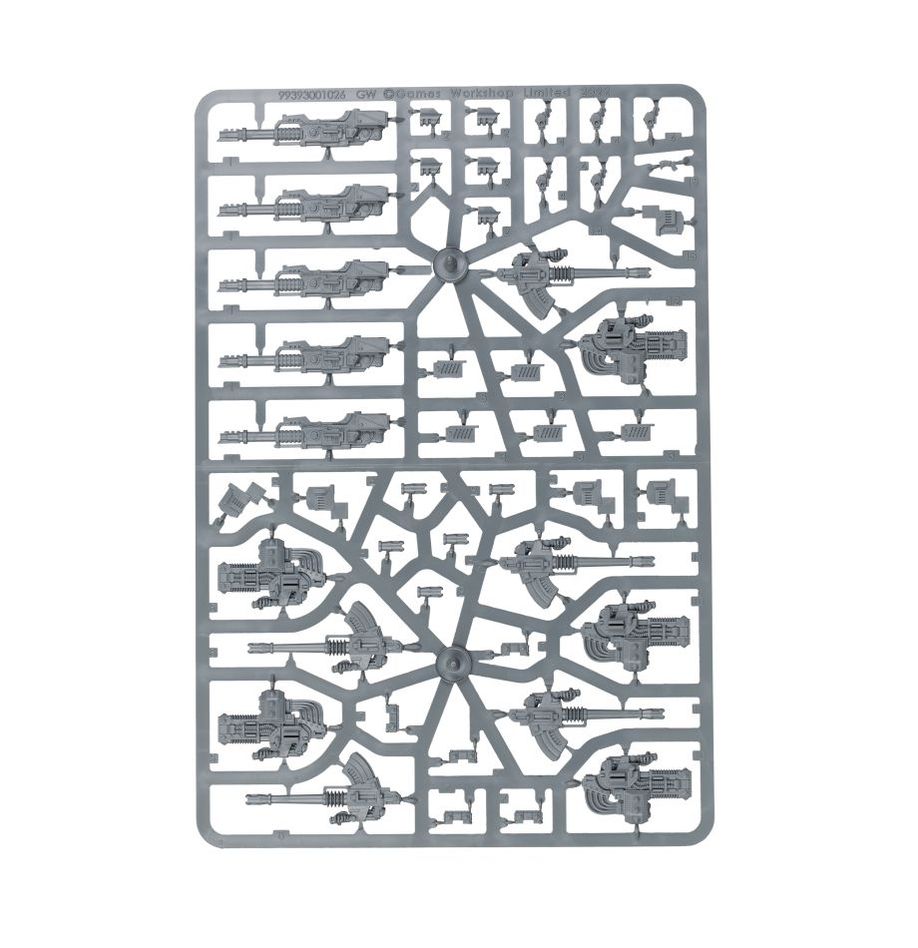 Set of three Warhammer 40K miniature sprues featuring Volkite Culverins, Lascannons, and Autocannons for Legiones Astartes from Games Workshop.