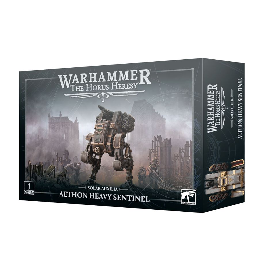 Miniature of Horus Heresy Solar Auxilia Aethon Heavy Sentinel from Games Workshop, detailed model with armored turret and tracks.