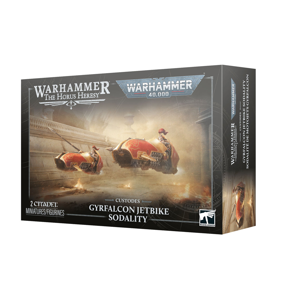 Adeptus Custodes Gyrfalcon Jetbike Sodality from Games Workshop, detailed model with sleek design and ornate armor for tabletop gaming.