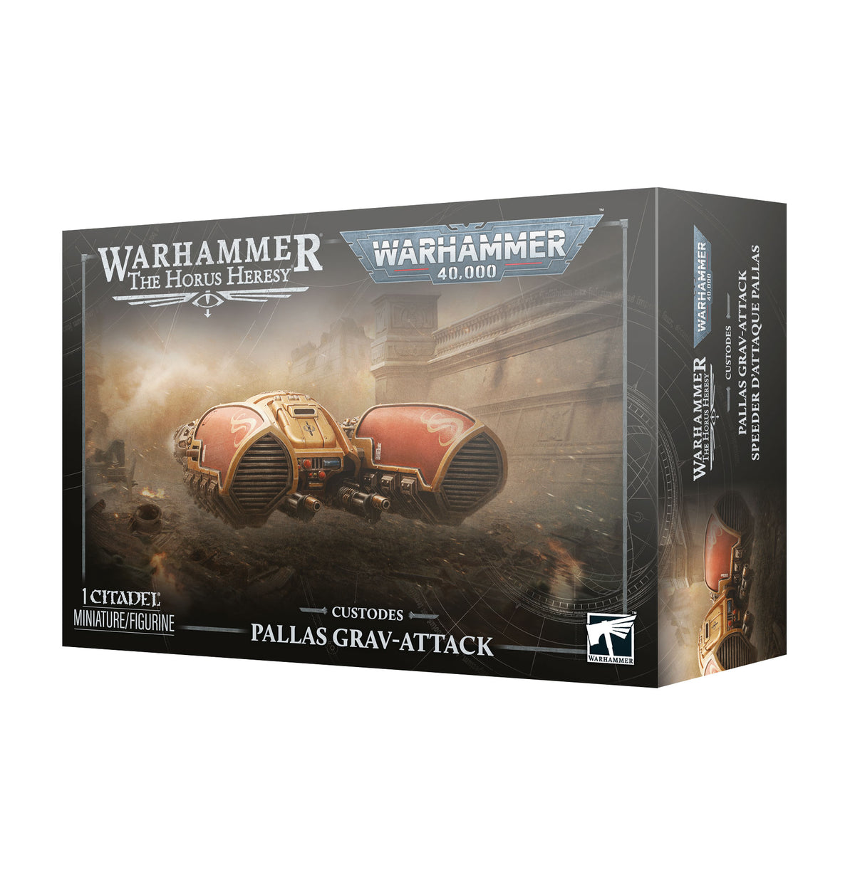 Adeptus Custodes Pallas Grav-Attack vehicle from Games Workshop, featuring armored design and weaponry, on a gaming display.