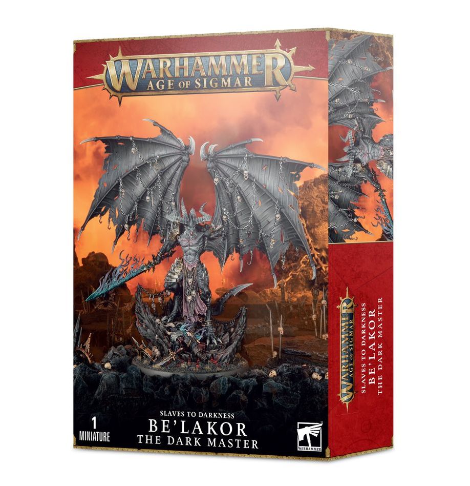 Be'lakor, the Dark Master miniature from Games Workshop, detailed dark figure with horns and armor, standing on a base.