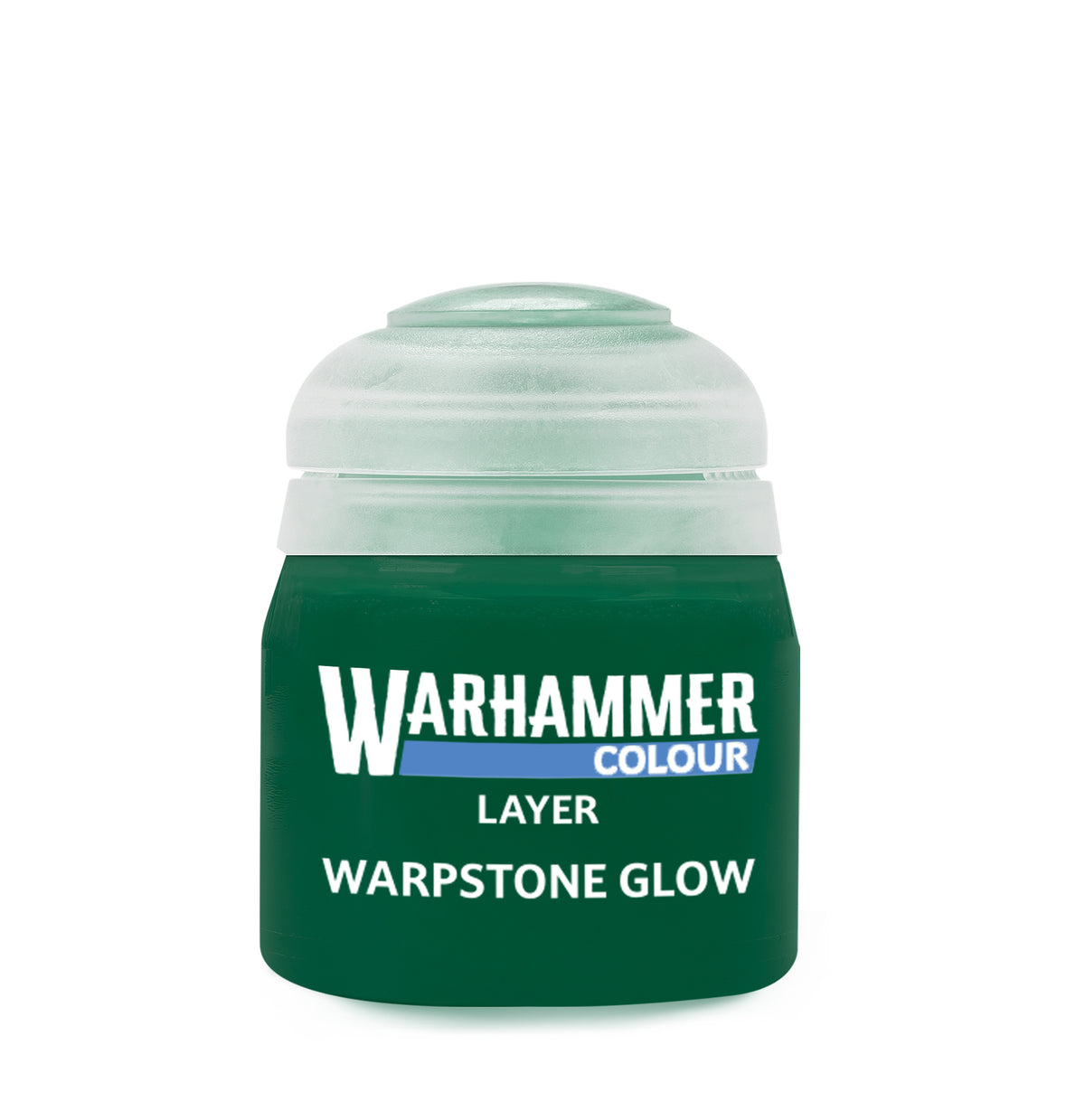 Games Workshop Warpstone Glow 12ml paint bottle, vibrant green glow-in-the-dark paint for miniatures and models.