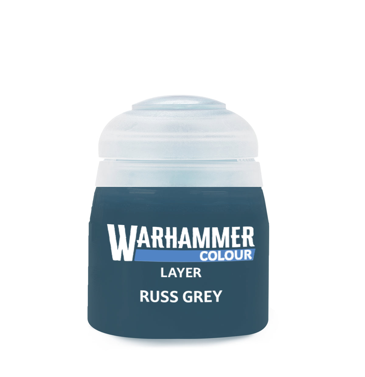 Russ Grey paint by Games Workshop, 12ml bottle of light grey acrylic paint for miniature painting.