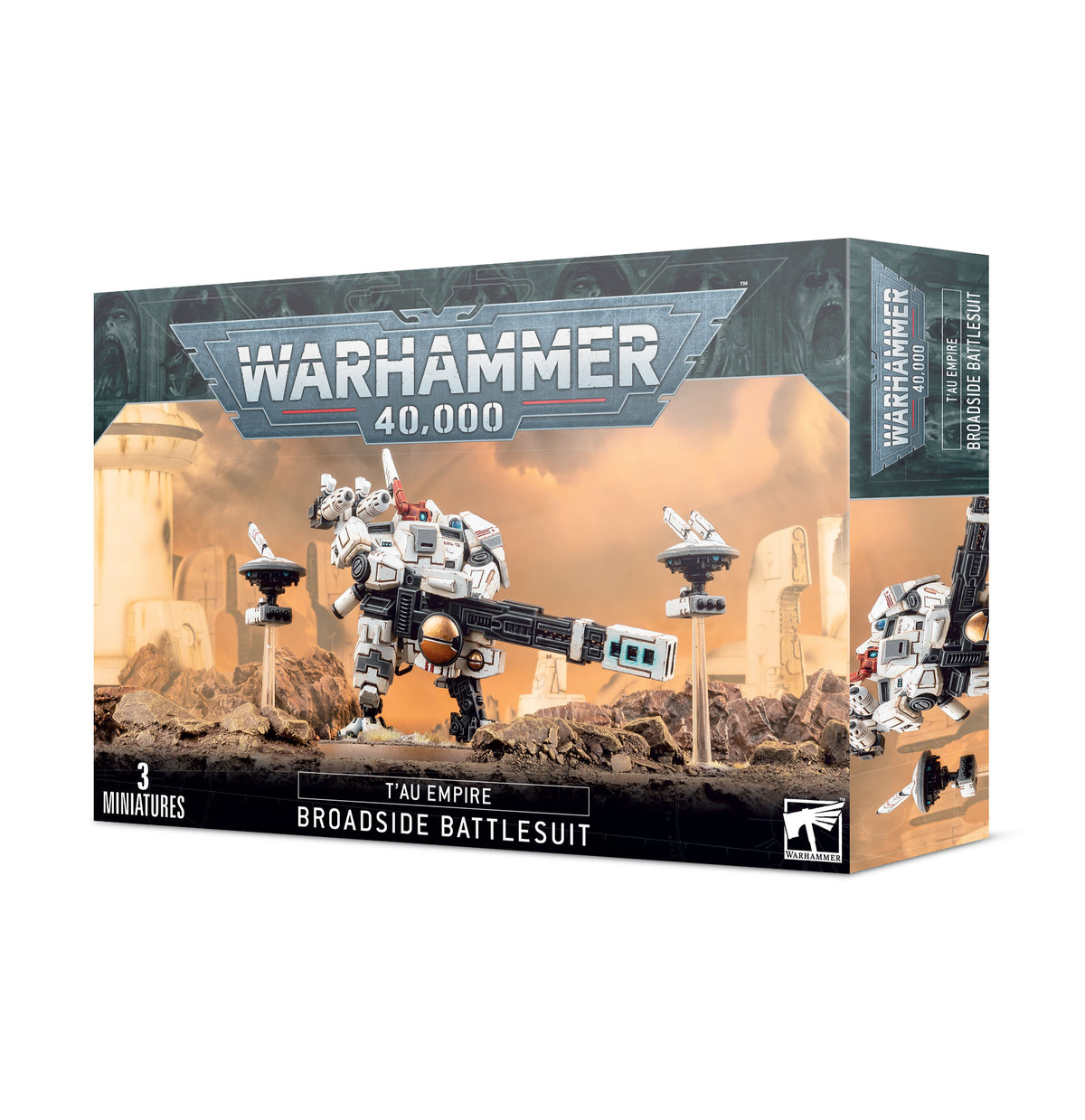 Miniature of T'au Empire XV88 Broadside Battlesuit from Games Workshop, detailed model with weaponry and armor for tabletop gaming.