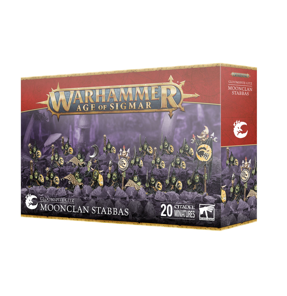 Group of Gloomspite Gitz Moonclan Stabbas miniatures by Games Workshop, featuring goblin-like figures with weapons and distinctive green skin.