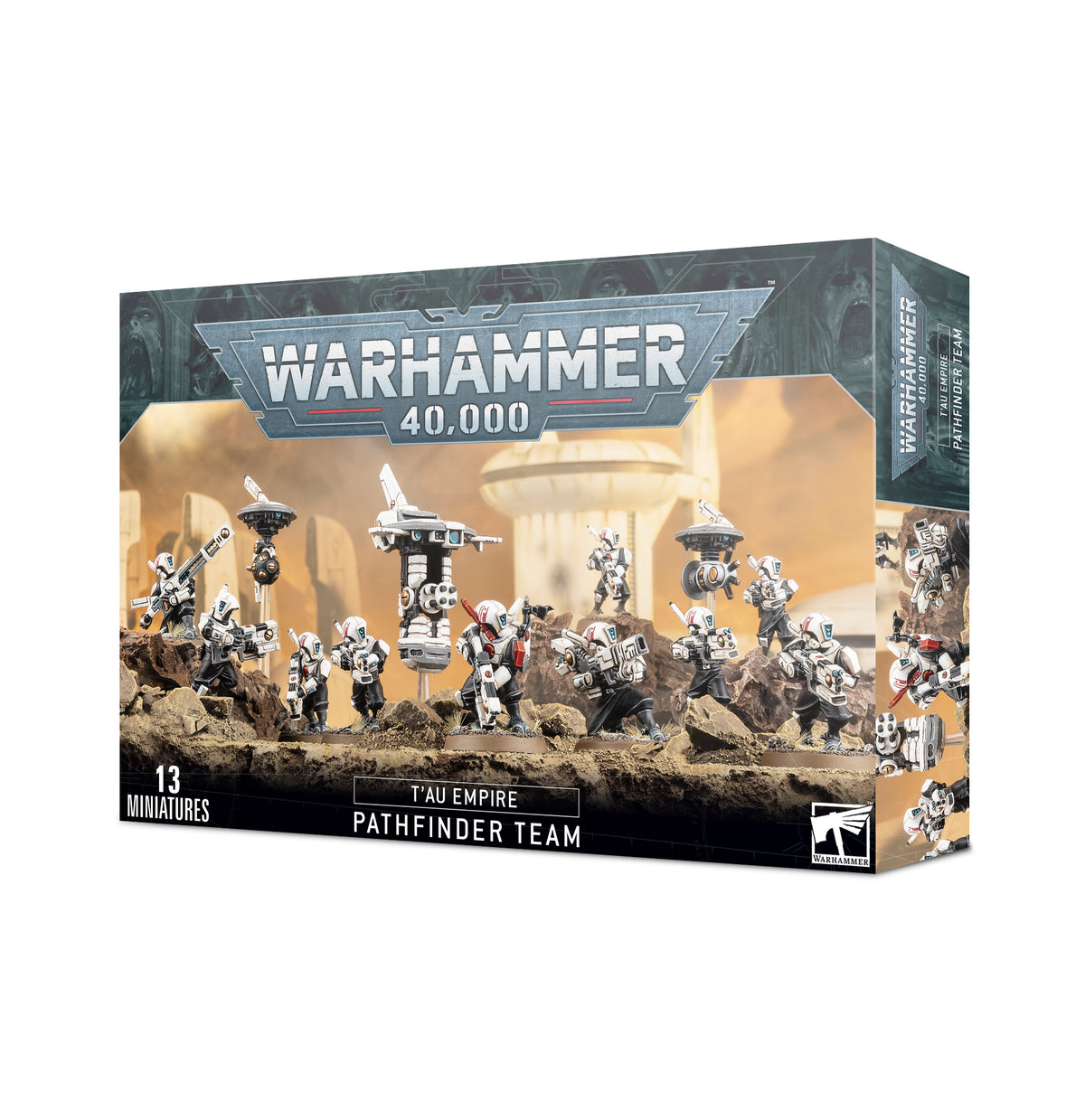 T'au Empire Pathfinder Team miniature from Games Workshop, featuring detailed models with futuristic armor and weaponry for tabletop gaming.
