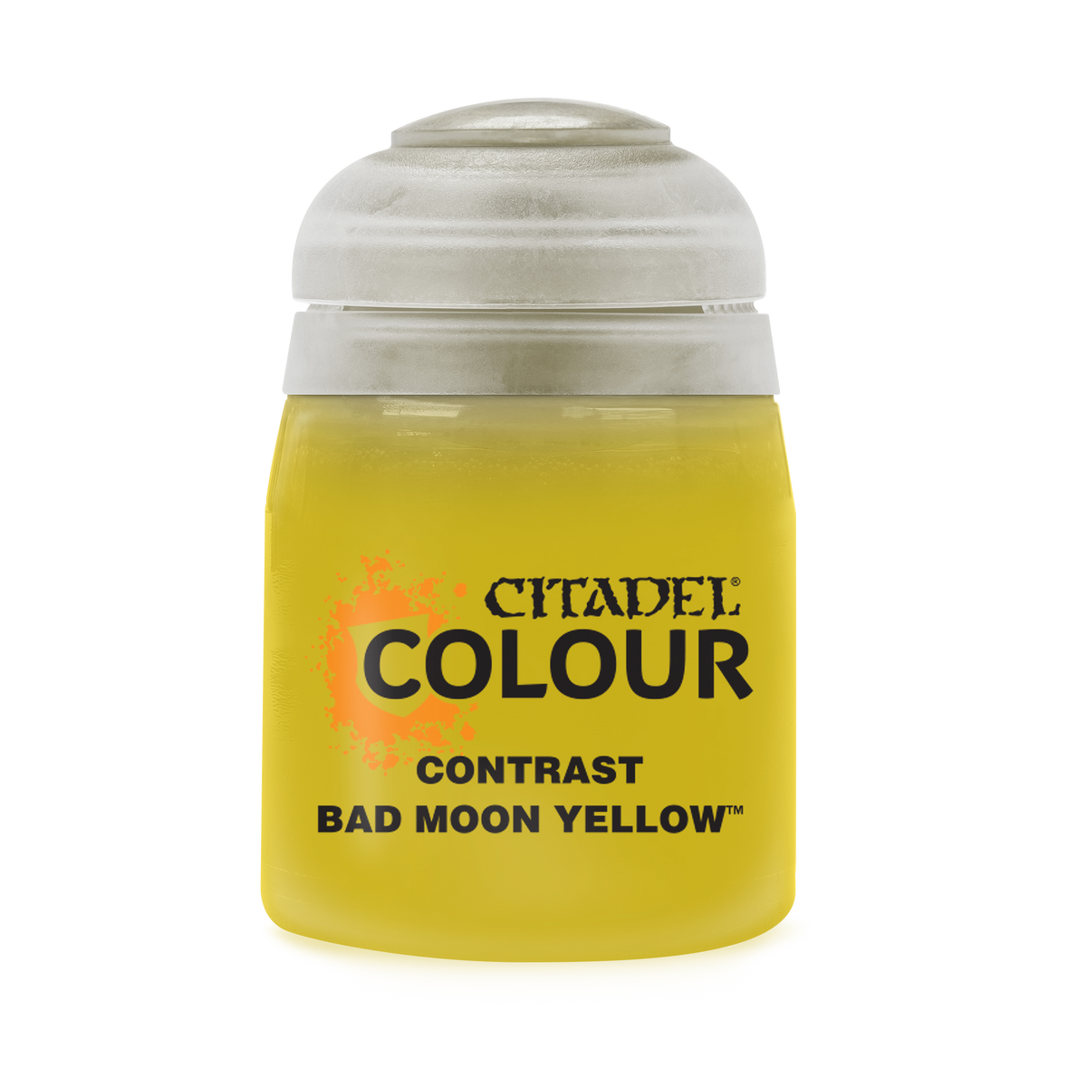 Games Workshop Bad Moon Yellow Contrast paint in 18ml bottle, vibrant yellow paint for miniature models and hobby projects.