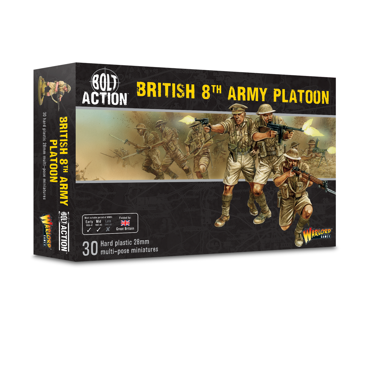 British 8th Army infantry miniatures from Warlord Games, detailed 3D box render of a World War II platoon model set.