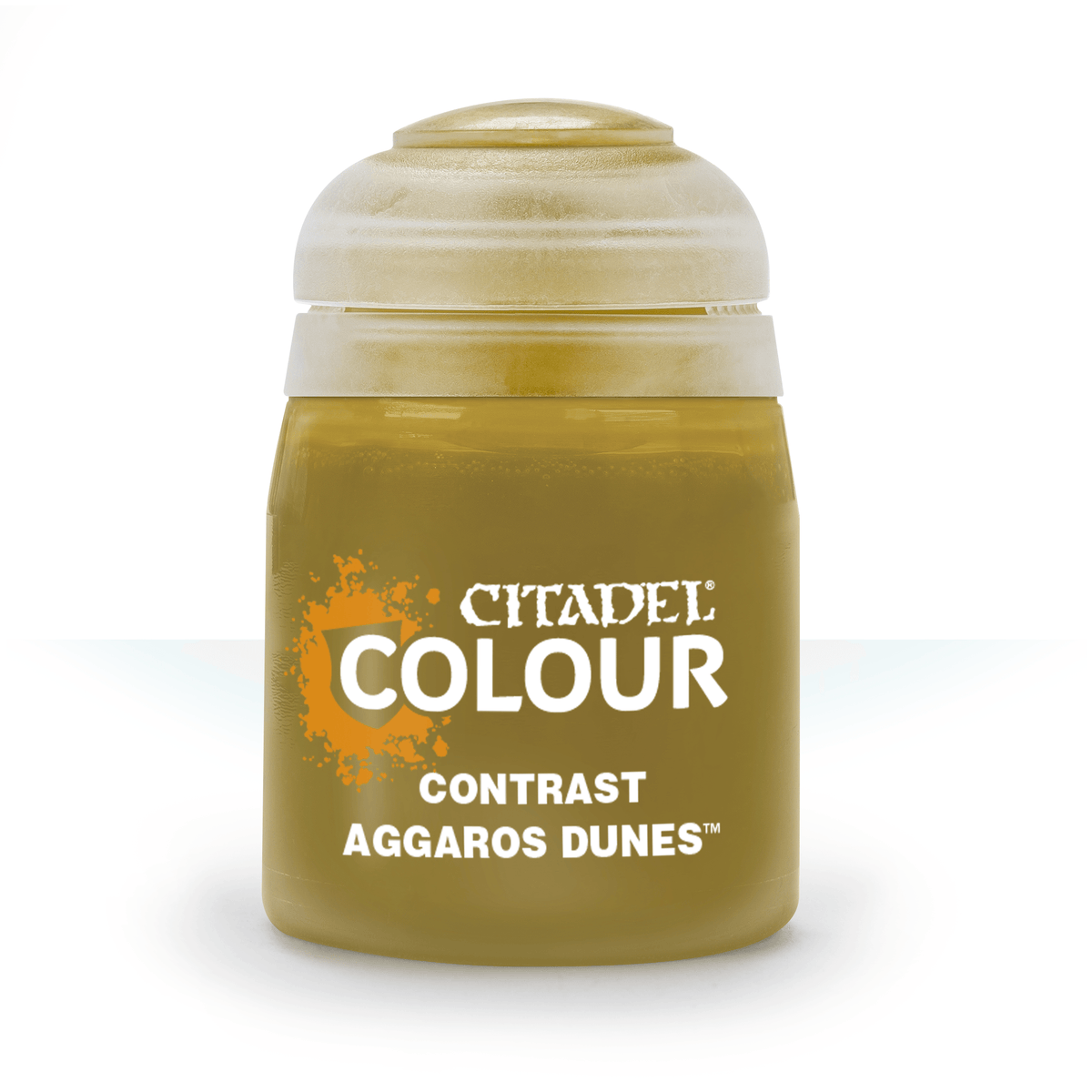Contrast Agaros Dunes paint bottle from Games Workshop for painting miniatures and models, featuring a tan and sandy color.