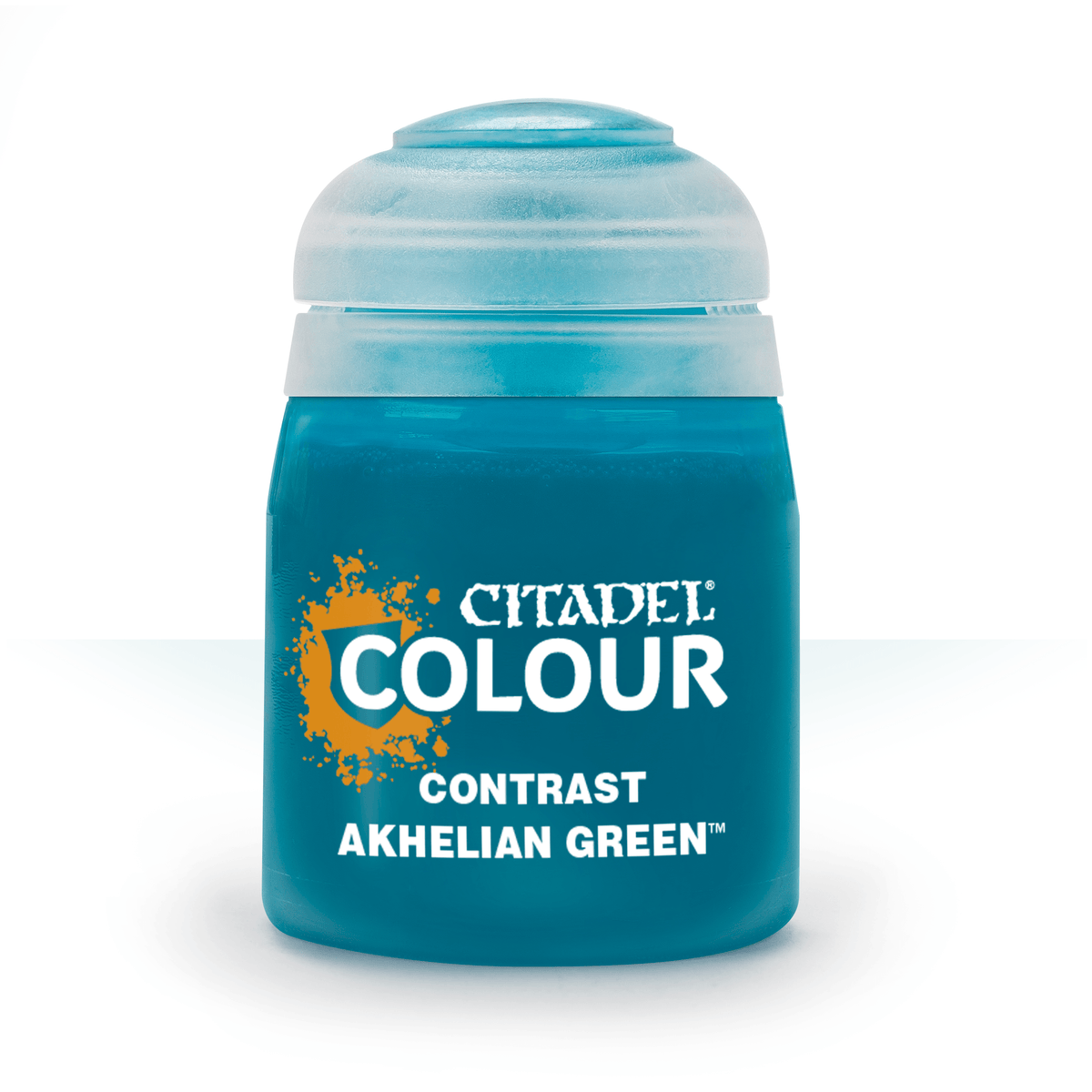 Contrast Akhelian Green paint bottle from Games Workshop, featuring vibrant green paint for miniature models.