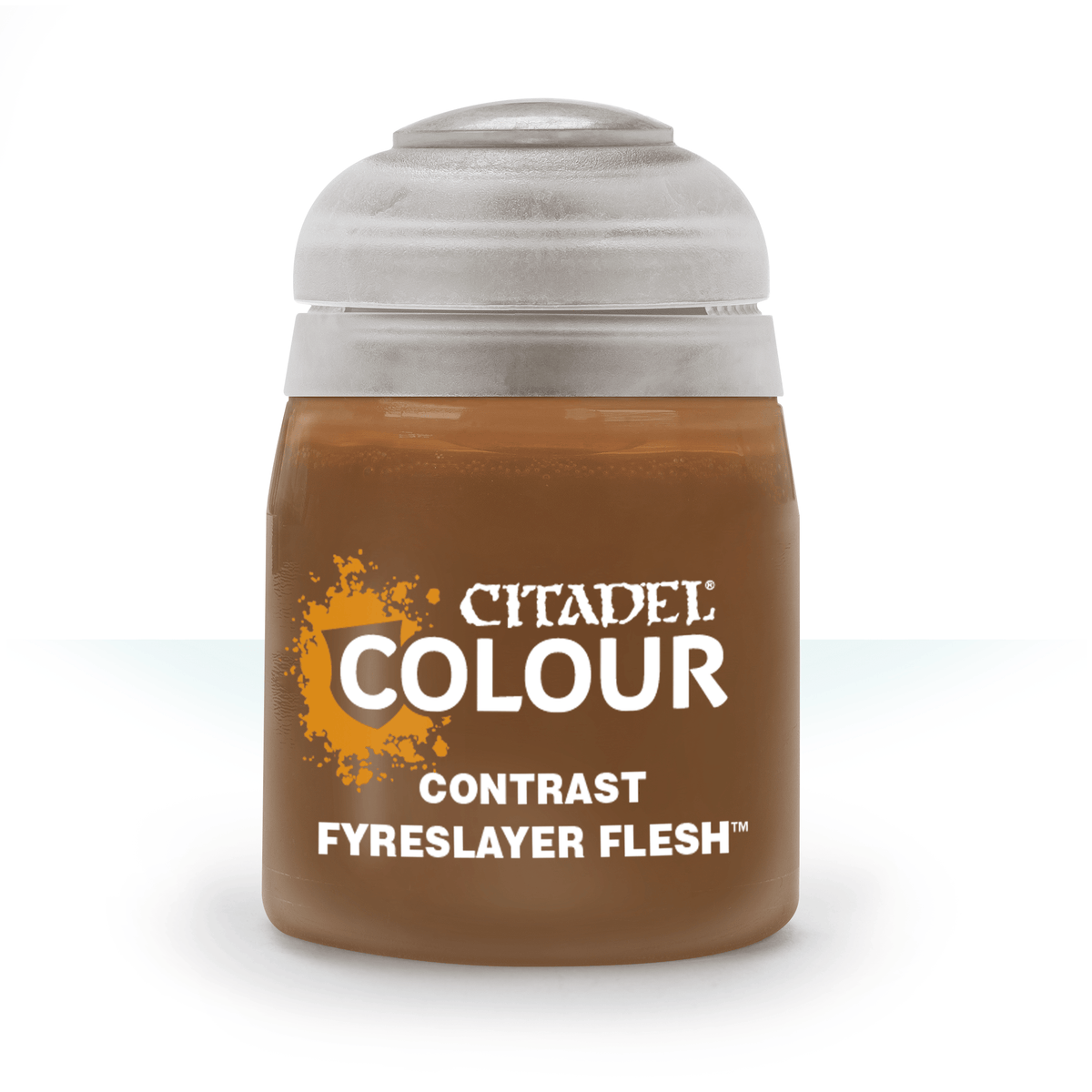 Games Workshop Fyreslayer Flesh contrast paint in an 18ml bottle, used for miniature painting and detailing.