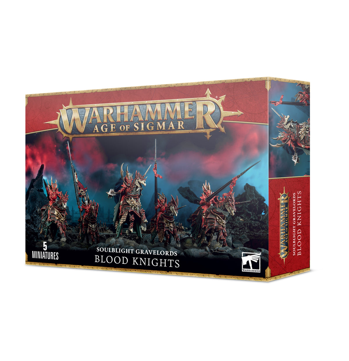 Miniature of Soulblight Gravelords Blood Knights from Games Workshop, detailed undead horsemen with blood-red armor and weapons.