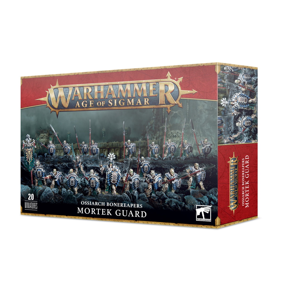 Ossiarch Bonereapers Mortek Guard miniatures by Games Workshop, detailed skeletal figures in armor, ready for tabletop gaming.