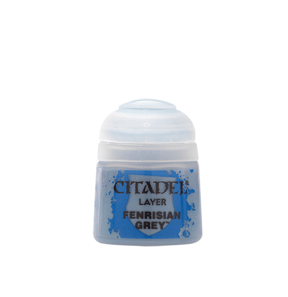 Fenrisian Grey paint bottle by Games Workshop, 12ml, with a grey acrylic paint for miniature models and hobby projects.