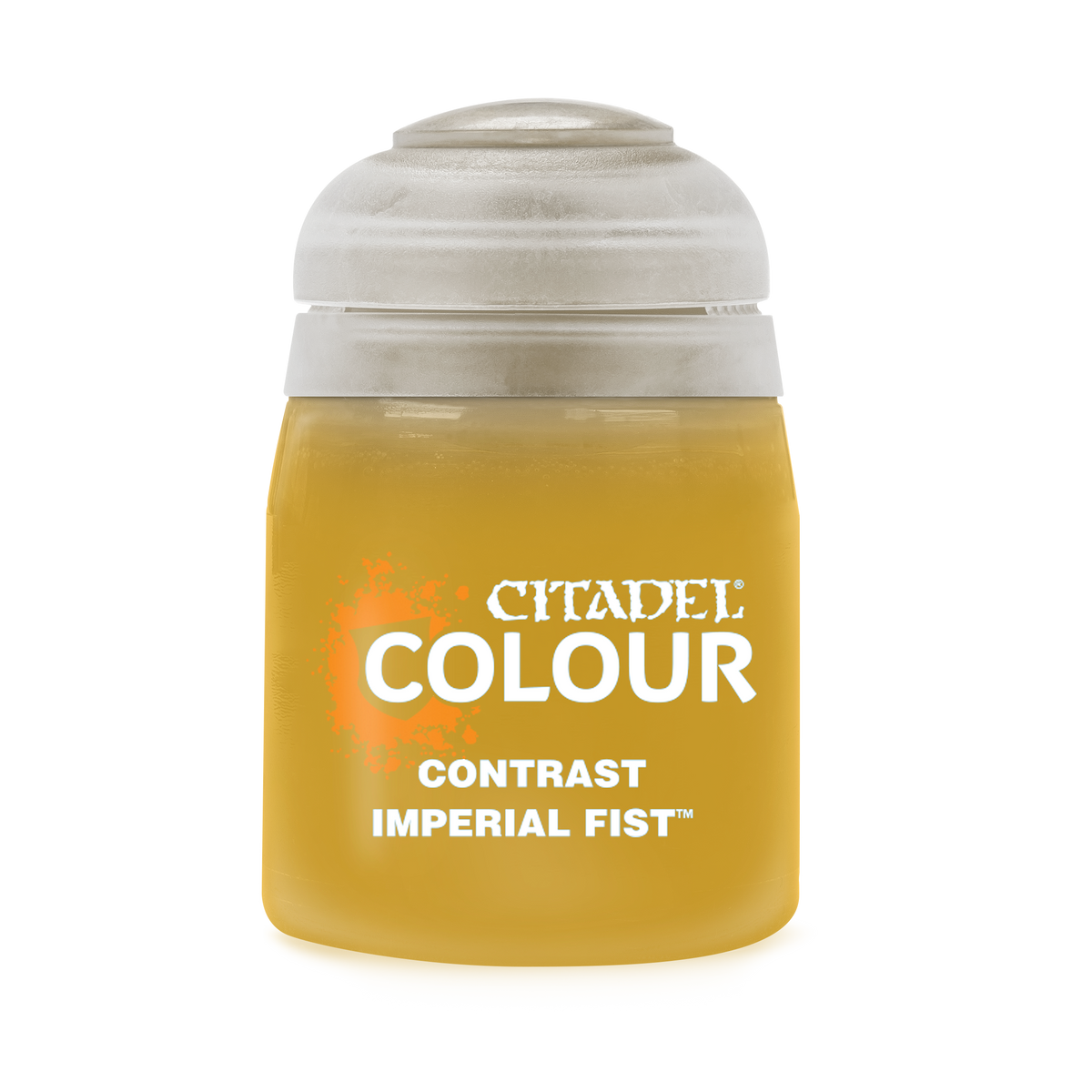 Games Workshop Imperial Fist Contrast Paint bottle, 18ml size, with yellow and beige color tones for miniature detailing.