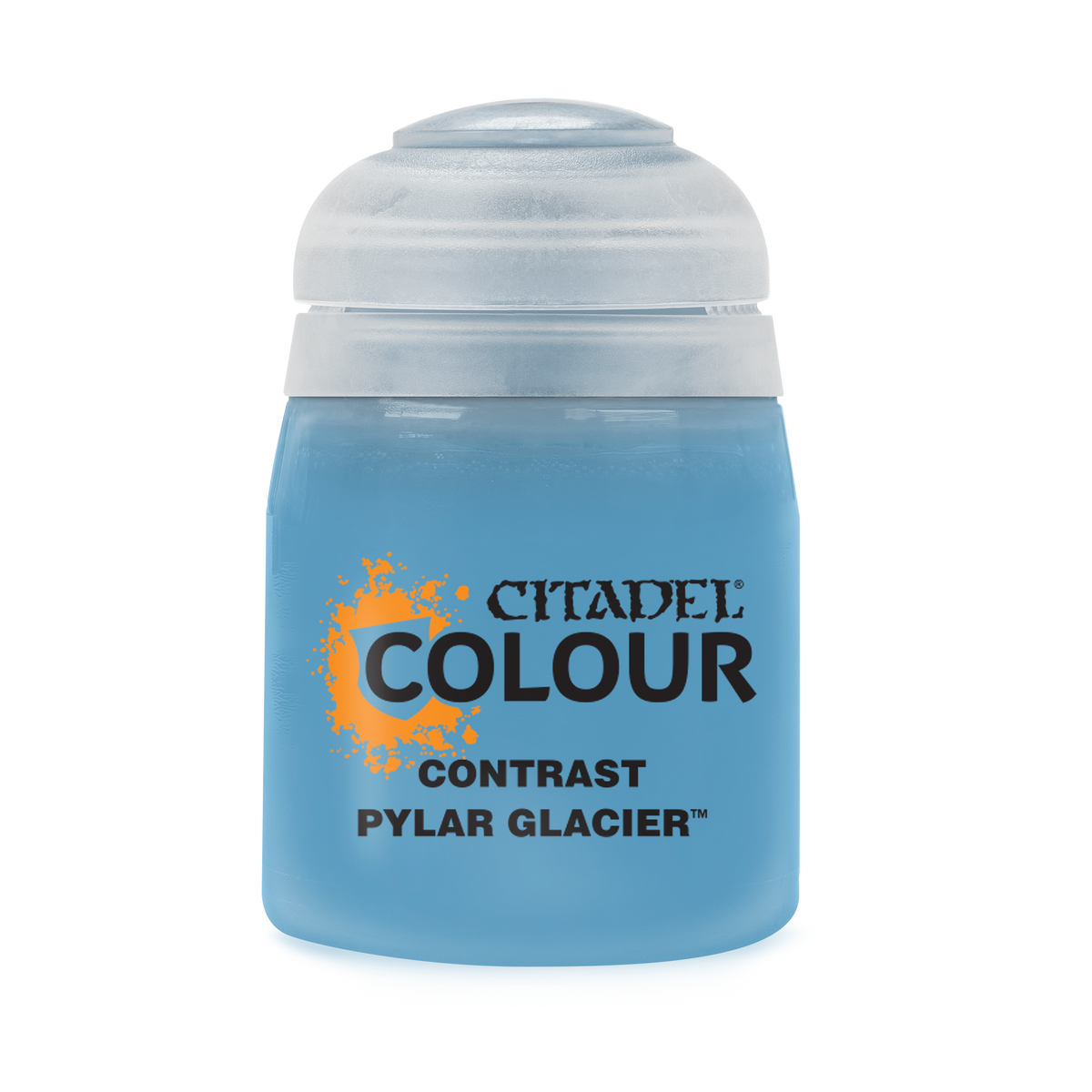 Games Workshop Pylar Glacier Contrast Paint 18ml bottle, vibrant blue and white paint for miniature models and terrain.