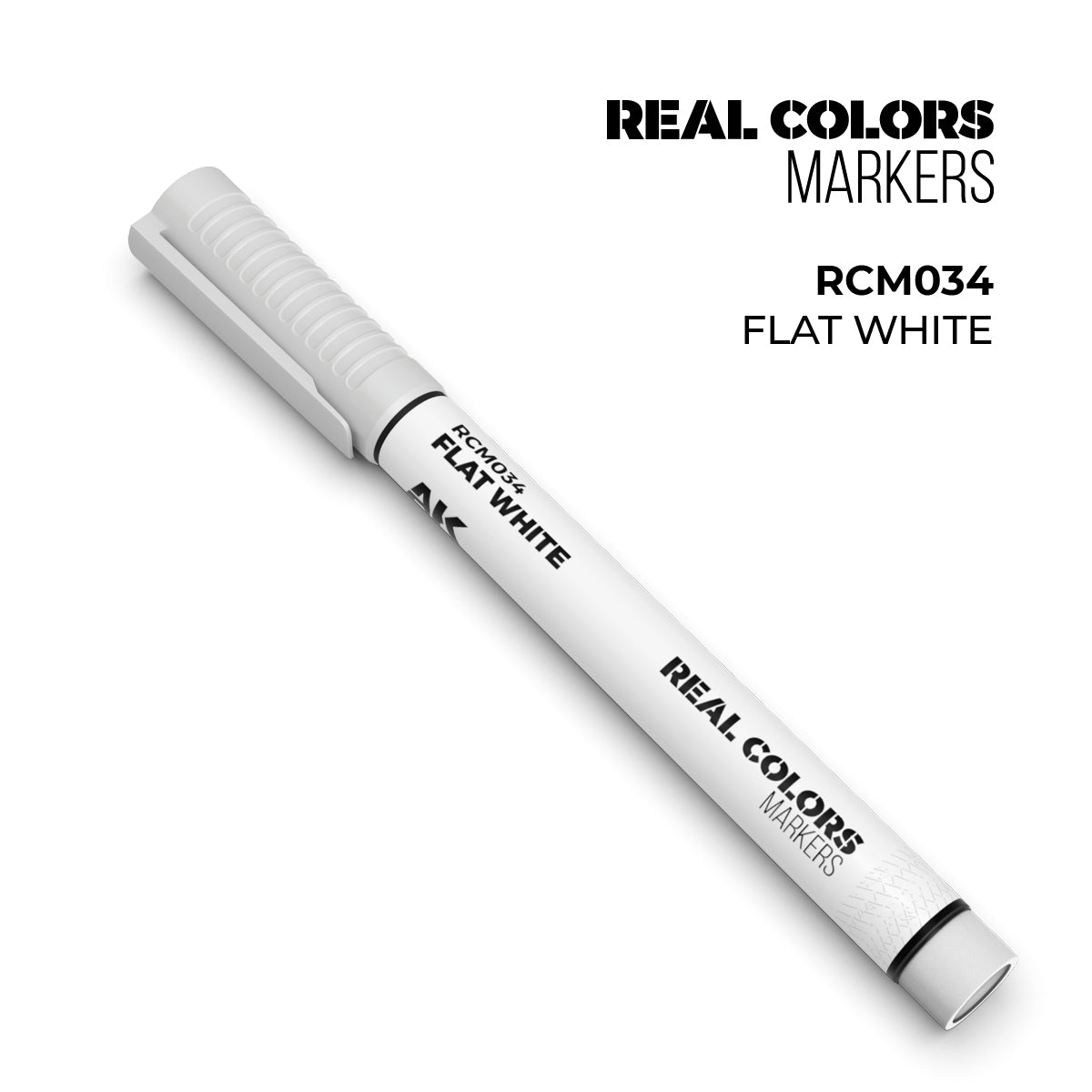 AK Real Colors marker in flat white color, featuring a fine tip for precise application, used for detailed painting and modeling.
