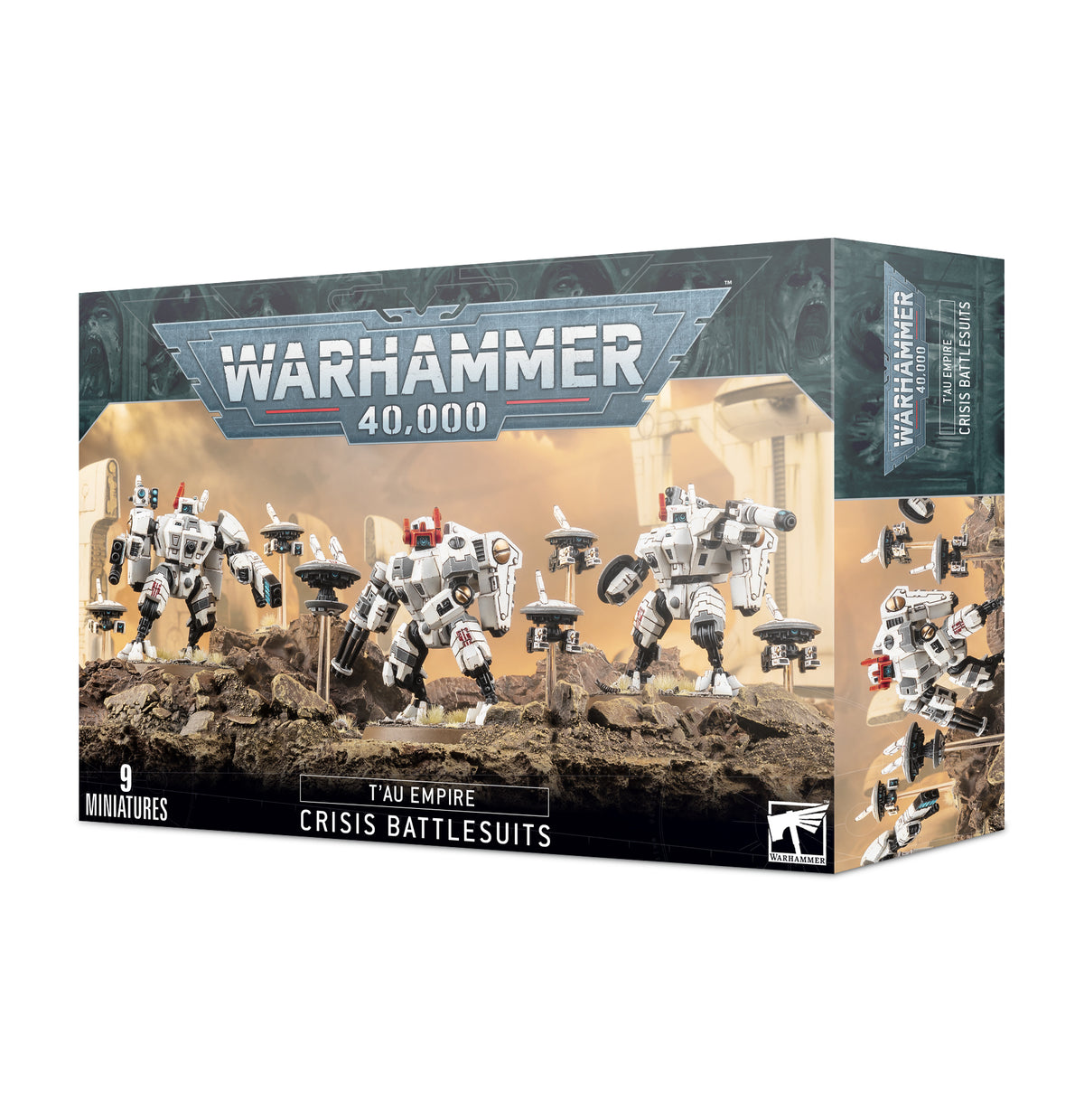 Close-up of T'au Empire Crisis Battlesuits miniatures by Games Workshop, showing detailed armor and weaponry.