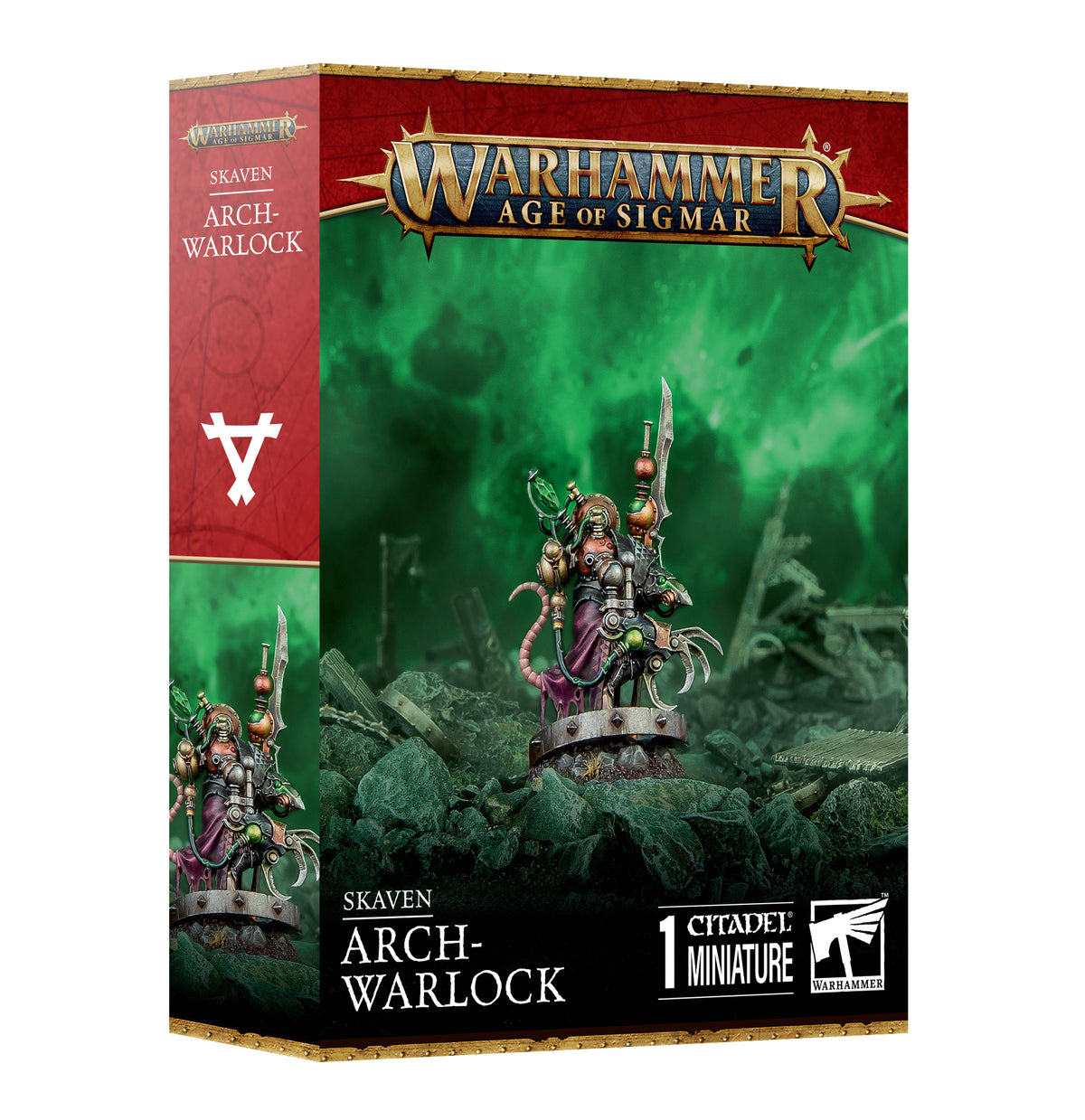 Skaven Arch-Warlock miniature from Warhammer Age of Sigmar by Games Workshop, featuring a detailed rat-like sorcerer in robes.