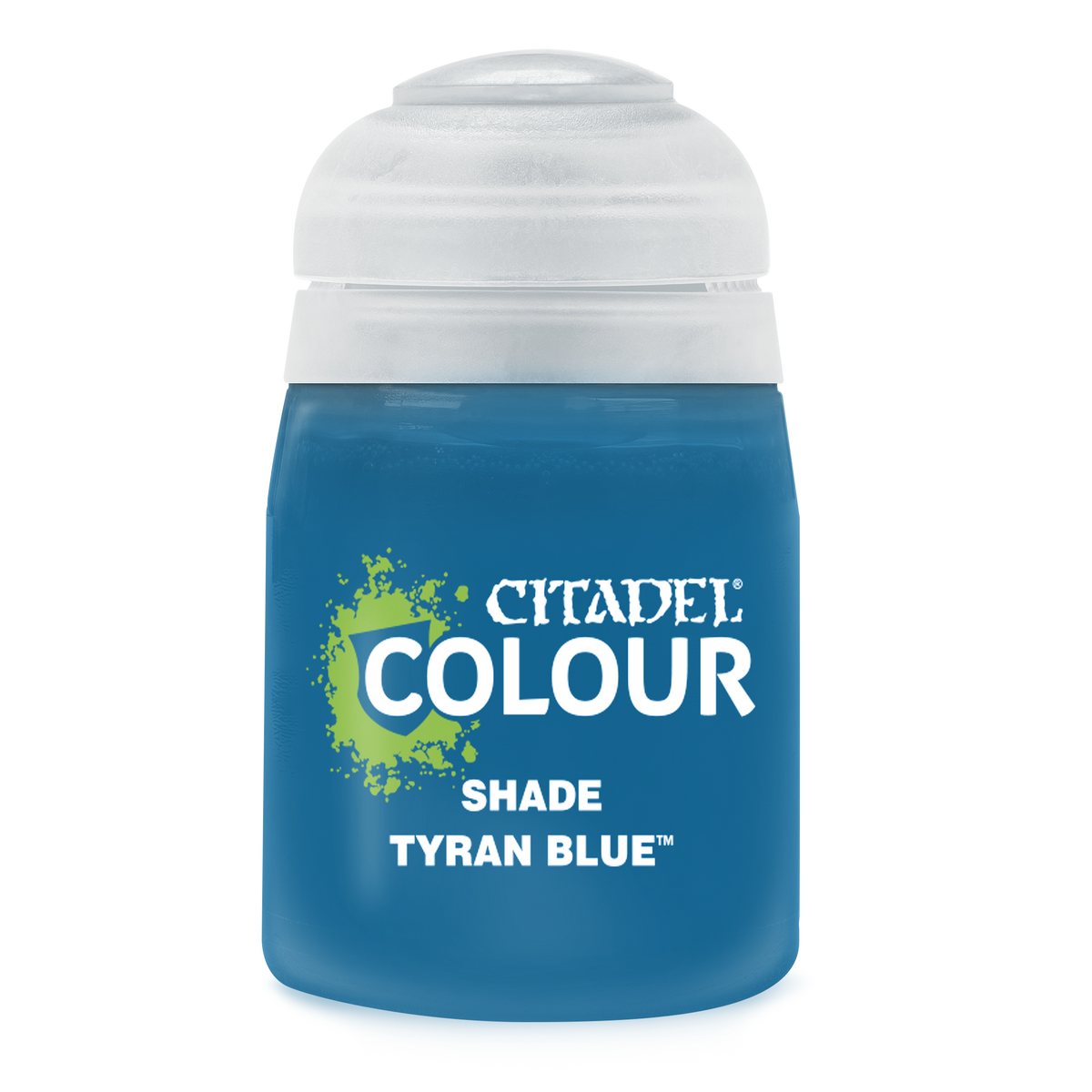 Tyran Blue paint bottle from Games Workshop, 18ml size, with a blue-colored label and cap, used for miniature painting.