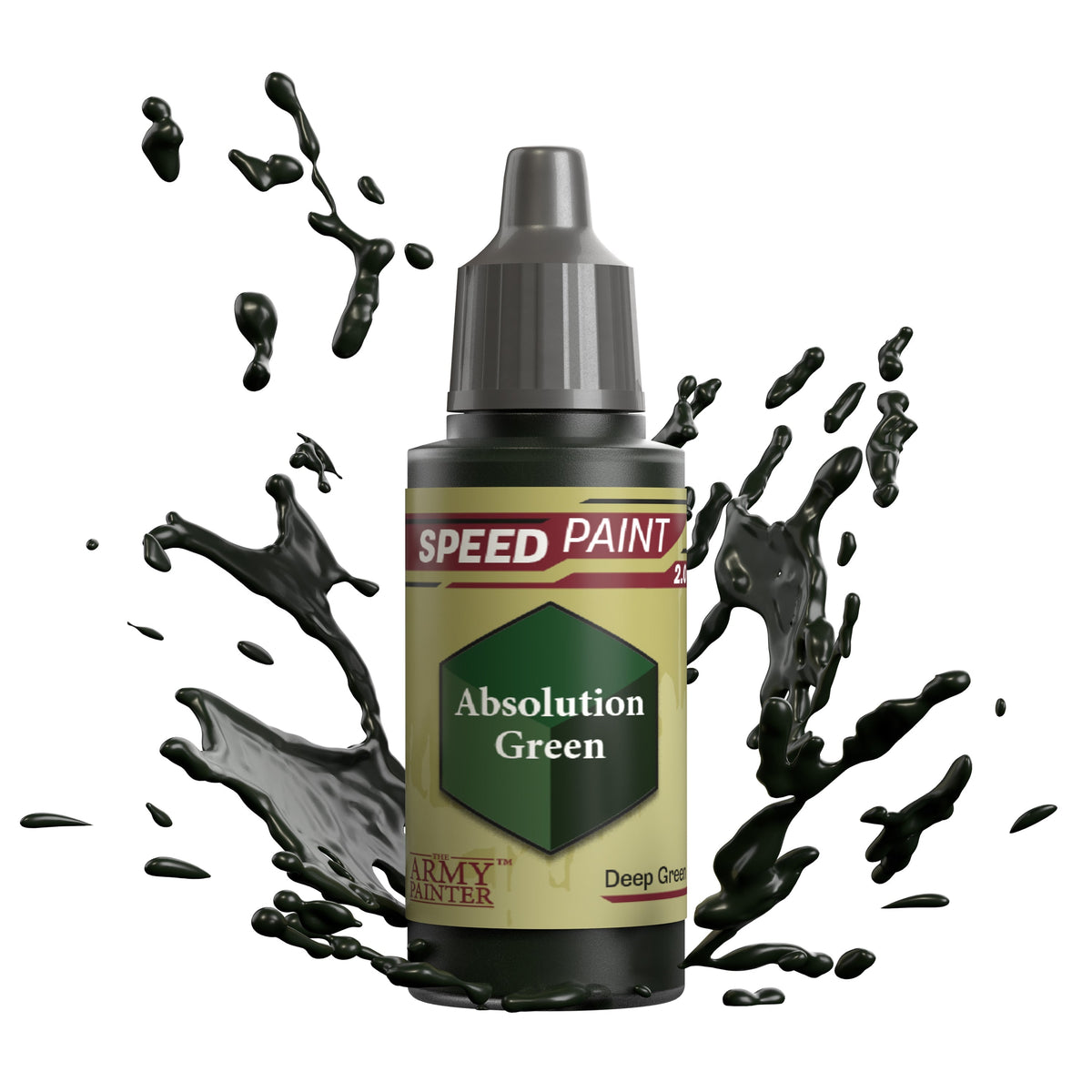 Bottle of The Army Painter Speedpaint Absolution Green paint with label visible, used for miniature painting and model detailing.