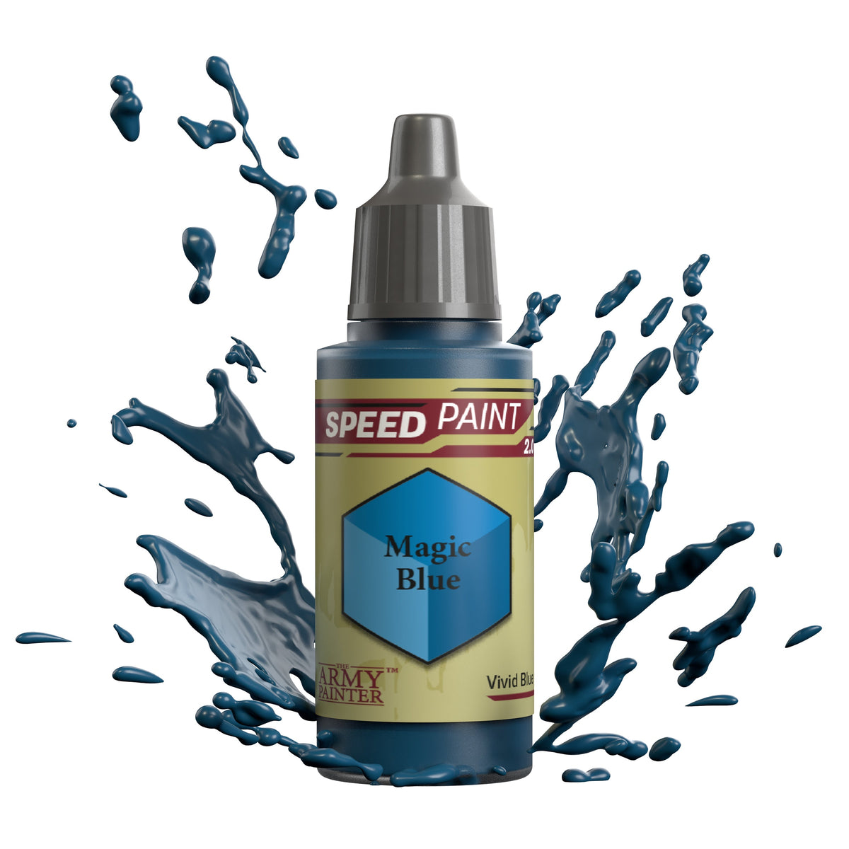 Blue paint bottle of Speedpaint Magic Blue by The Army Painter, with brush and paint swatch on a white background.