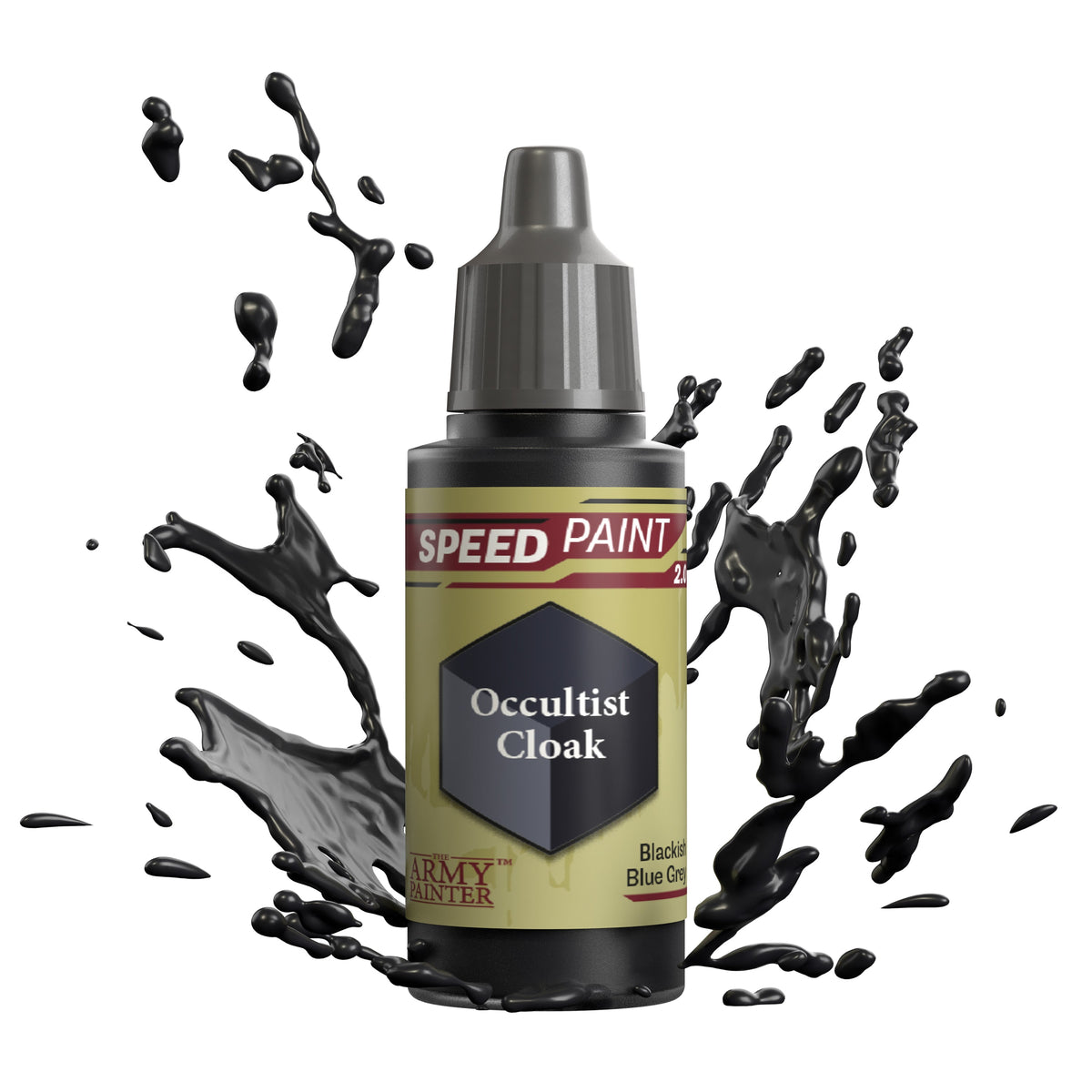 Speedpaint Occultist Cloak paint by The Army Painter, close-up of the vibrant, detailed paint bottle with label visible.