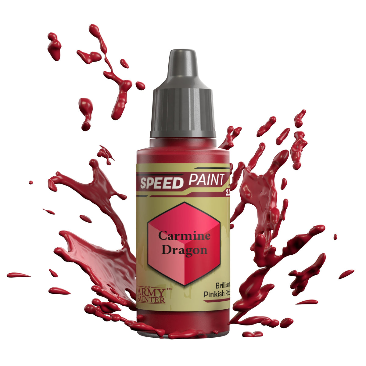 Close-up of a Carmine Dragon Speedpaint paint bottle by The Army Painter, featuring a vibrant red color for miniature painting.