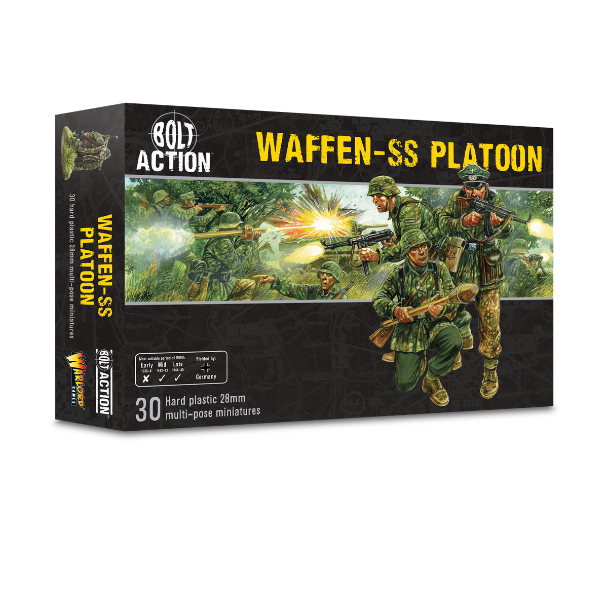 Warlord Games Waffen SS miniatures platoon box with detailed 3D render of painted soldiers and equipment for tabletop gaming