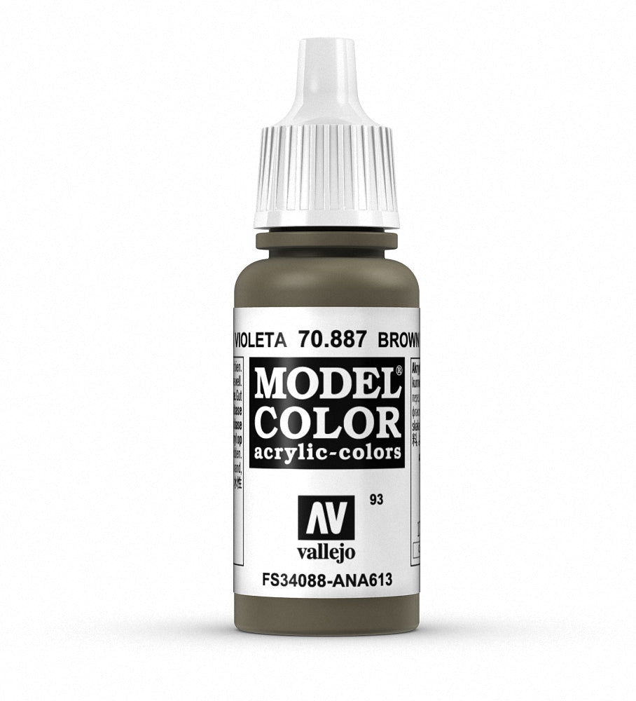 Vallejo Model Color 17ml US Olive Drab paint bottle with open cap, showing the olive drab paint inside.